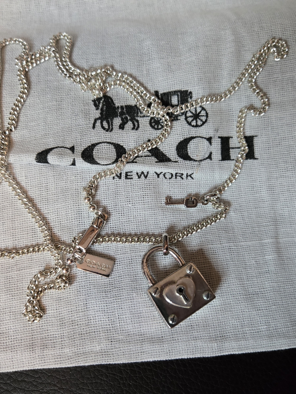 COACH Silver Padlock Pendant Necklace 925 With Dustbag 31.5 " Long